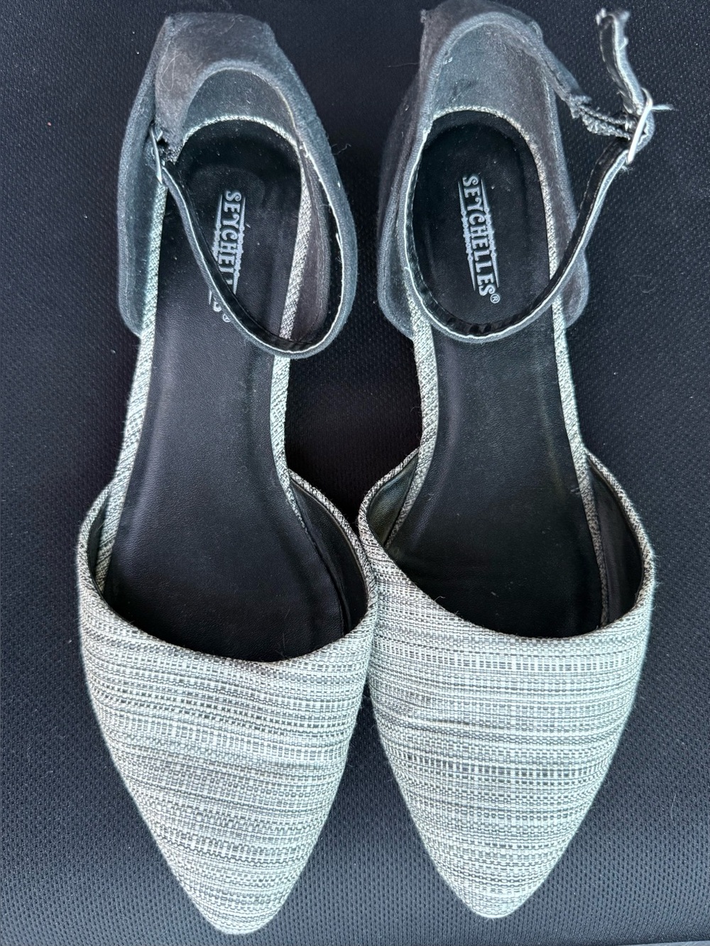 Seychelles Briana Black/White/Gray Textile D'Orsay Ankle Strap Flats 9W